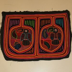 Vintage Mola Two Parrots Panama Textile Art Hand Stitched Crafted Cloth 14x10.5"